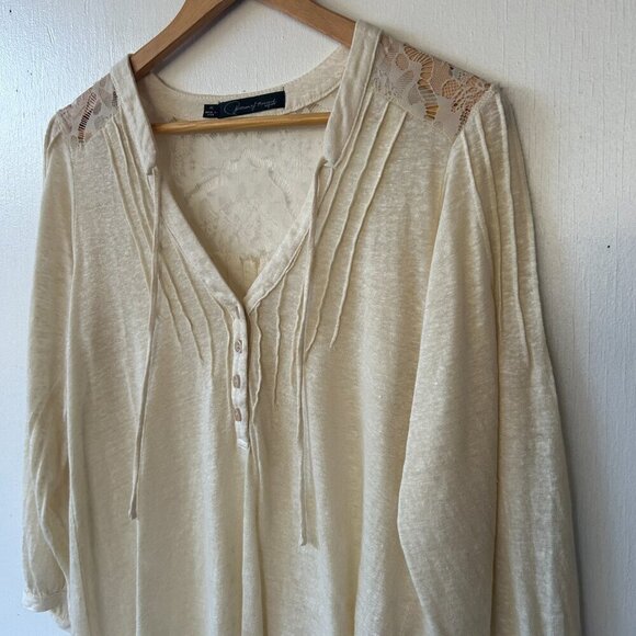 Patterson Kincaid Linen Blouse Womens Medium Cream Lace V-neck Made in USA FLAW - Picture 2 of 9